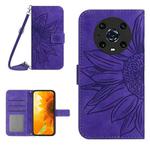 For Honor Magic4 Pro Skin Feel Sun Flower Pattern Flip Leather Phone Case with Lanyard(Dark Purple)