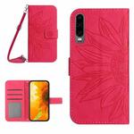 For Huawei P30 Skin Feel Sun Flower Pattern Flip Leather Phone Case with Lanyard(Rose Red)