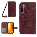 For Huawei P40 Lite 5G Skin Feel Sun Flower Pattern Flip Leather Phone Case with Lanyard(Wine Red)