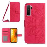 For Huawei P40 Lite 5G Skin Feel Sun Flower Pattern Flip Leather Phone Case with Lanyard(Rose Red)