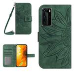 For Huawei P40 Pro Skin Feel Sun Flower Pattern Flip Leather Phone Case with Lanyard(Green)