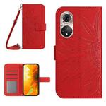 For Huawei P50 Pro Skin Feel Sun Flower Pattern Flip Leather Phone Case with Lanyard(Red)