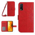 Skin Feel Sun Flower Pattern Flip Leather Phone Case with Lanyard For vivo Y20 2020/Y20s/Y20i/iQOO U1X/Y11S/Y12S/Y30/Y30S(Red)