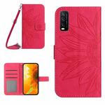 Skin Feel Sun Flower Pattern Flip Leather Phone Case with Lanyard For vivo Y20 2020/Y20s/Y20i/iQOO U1X/Y11S/Y12S/Y30/Y30S(Rose Red)