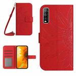 For vivo Y70S/iQOO U1/Y51S Skin Feel Sun Flower Pattern Flip Leather Phone Case with Lanyard(Red)