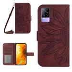 For vivo Y73 2021/V21E Skin Feel Sun Flower Pattern Flip Leather Phone Case with Lanyard(Wine Red)