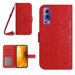 For vivo Y72 5G/iQOO Z3/Y52 5G/Y53S Skin Feel Sun Flower Pattern Flip Leather Phone Case with Lanyard(Red)