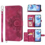 For Sharp Aquos sense 4 Skin-feel Flowers Embossed Wallet Leather Phone Case(Wine Red)