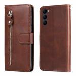 For Samsung Galaxy S23 5G Calf Texture Zipper Leather Phone Case(Brown)