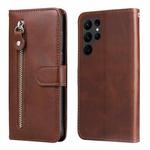 For Samsung Galaxy S23 Ultra 5G Calf Texture Zipper Leather Phone Case(Brown)