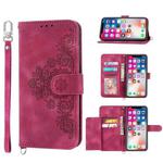 For Samsung Galaxy A22 5G JP Version Skin-feel Flowers Embossed Wallet Leather Phone Case(Wine Red)