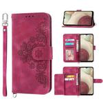 For Samsung Galaxy A12 5G/M12 Skin-feel Flowers Embossed Wallet Leather Phone Case(Wine Red)