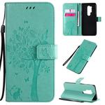 For OnePlus 8 Pro Tree & Cat Pattern Pressed Printing Horizontal Flip PU Leather Case with Holder & Card Slots & Wallet & Lanyard(Green)