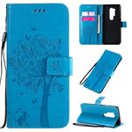 For OnePlus 8 Pro Tree & Cat Pattern Pressed Printing Horizontal Flip PU Leather Case with Holder & Card Slots & Wallet & Lanyard(Blue)