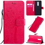 For OnePlus 8 Tree & Cat Pattern Pressed Printing Horizontal Flip PU Leather Case with Holder & Card Slots & Wallet & Lanyard(Rose Red)