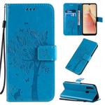 For OPPO A8 / A31 (2020) Tree & Cat Pattern Pressed Printing Horizontal Flip PU Leather Case with Holder & Card Slots & Wallet & Lanyard(Blue)