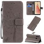 For OPPO A8 / A31 (2020) Tree & Cat Pattern Pressed Printing Horizontal Flip PU Leather Case with Holder & Card Slots & Wallet & Lanyard(Grey)