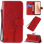 For OPPO A8 / A31 (2020) Tree & Cat Pattern Pressed Printing Horizontal Flip PU Leather Case with Holder & Card Slots & Wallet & Lanyard(Red)