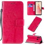 For OPPO A8 / A31 (2020) Tree & Cat Pattern Pressed Printing Horizontal Flip PU Leather Case with Holder & Card Slots & Wallet & Lanyard(Rose Red)