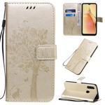 For OPPO A8 / A31 (2020) Tree & Cat Pattern Pressed Printing Horizontal Flip PU Leather Case with Holder & Card Slots & Wallet & Lanyard(Gold)