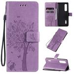 For OPPO Find X2 Pro Tree & Cat Pattern Pressed Printing Horizontal Flip PU Leather Case with Holder & Card Slots & Wallet & Lanyard(Light Purple)