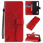For OPPO Find X2 Pro Tree & Cat Pattern Pressed Printing Horizontal Flip PU Leather Case with Holder & Card Slots & Wallet & Lanyard(Red)