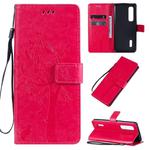 For OPPO Find X2 Pro Tree & Cat Pattern Pressed Printing Horizontal Flip PU Leather Case with Holder & Card Slots & Wallet & Lanyard(Rose Red)