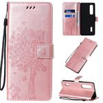 For OPPO Find X2 Pro Tree & Cat Pattern Pressed Printing Horizontal Flip PU Leather Case with Holder & Card Slots & Wallet & Lanyard(Rose Gold)