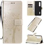 For OPPO Find X2 Pro Tree & Cat Pattern Pressed Printing Horizontal Flip PU Leather Case with Holder & Card Slots & Wallet & Lanyard(Gold)