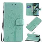 For OPPO Find X2 Tree & Cat Pattern Pressed Printing Horizontal Flip PU Leather Case with Holder & Card Slots & Wallet & Lanyard(Green)