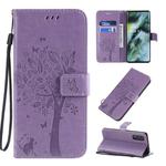 For OPPO Find X2 Tree & Cat Pattern Pressed Printing Horizontal Flip PU Leather Case with Holder & Card Slots & Wallet & Lanyard(Light Purple)