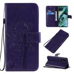 For OPPO Find X2 Tree & Cat Pattern Pressed Printing Horizontal Flip PU Leather Case with Holder & Card Slots & Wallet & Lanyard(Purple)