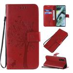 For OPPO Find X2 Tree & Cat Pattern Pressed Printing Horizontal Flip PU Leather Case with Holder & Card Slots & Wallet & Lanyard(Red)