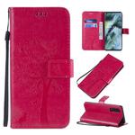 For OPPO Find X2 Tree & Cat Pattern Pressed Printing Horizontal Flip PU Leather Case with Holder & Card Slots & Wallet & Lanyard(Rose Red)