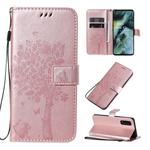 For OPPO Find X2 Tree & Cat Pattern Pressed Printing Horizontal Flip PU Leather Case with Holder & Card Slots & Wallet & Lanyard(Rose Gold)