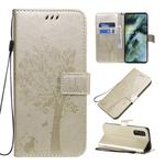 For OPPO Find X2 Tree & Cat Pattern Pressed Printing Horizontal Flip PU Leather Case with Holder & Card Slots & Wallet & Lanyard(Gold)