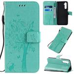 For OPPO Realme 6 Pro Tree & Cat Pattern Pressed Printing Horizontal Flip PU Leather Case with Holder & Card Slots & Wallet & Lanyard(Green)