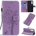 For OPPO Realme 6 Pro Tree & Cat Pattern Pressed Printing Horizontal Flip PU Leather Case with Holder & Card Slots & Wallet & Lanyard(Light Purple)