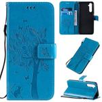 For OPPO Realme 6 Pro Tree & Cat Pattern Pressed Printing Horizontal Flip PU Leather Case with Holder & Card Slots & Wallet & Lanyard(Blue)