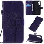 For OPPO Realme 6 Pro Tree & Cat Pattern Pressed Printing Horizontal Flip PU Leather Case with Holder & Card Slots & Wallet & Lanyard(Purple)