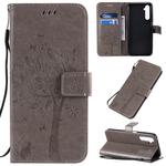 For OPPO Realme 6 Pro Tree & Cat Pattern Pressed Printing Horizontal Flip PU Leather Case with Holder & Card Slots & Wallet & Lanyard(Grey)