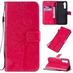 For OPPO Realme 6 Pro Tree & Cat Pattern Pressed Printing Horizontal Flip PU Leather Case with Holder & Card Slots & Wallet & Lanyard(Rose Red)