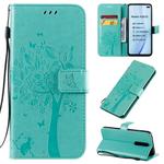 For Xiaomi Redmi K30 Tree & Cat Pattern Pressed Printing Horizontal Flip PU Leather Case with Holder & Card Slots & Wallet & Lanyard(Green)