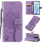 For Xiaomi Redmi K30 Tree & Cat Pattern Pressed Printing Horizontal Flip PU Leather Case with Holder & Card Slots & Wallet & Lanyard(Light Purple)