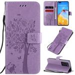 For Huawei P40 Pro Tree & Cat Pattern Pressed Printing Horizontal Flip PU Leather Case with Holder & Card Slots & Wallet & Lanyard(Light Purple)