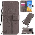 For Huawei P40 Pro Tree & Cat Pattern Pressed Printing Horizontal Flip PU Leather Case with Holder & Card Slots & Wallet & Lanyard(Grey)