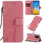 For Huawei P40 Pro Tree & Cat Pattern Pressed Printing Horizontal Flip PU Leather Case with Holder & Card Slots & Wallet & Lanyard(Pink)