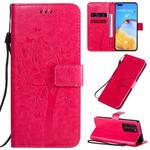 For Huawei P40 Pro Tree & Cat Pattern Pressed Printing Horizontal Flip PU Leather Case with Holder & Card Slots & Wallet & Lanyard(Rose Red)