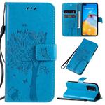 For Huawei P40 Tree & Cat Pattern Pressed Printing Horizontal Flip PU Leather Case with Holder & Card Slots & Wallet & Lanyard(Blue)