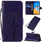For Huawei P40 Tree & Cat Pattern Pressed Printing Horizontal Flip PU Leather Case with Holder & Card Slots & Wallet & Lanyard(Purple)